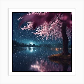 Lake at Midnight and Pink Cherry Blossom in the Rain Art Print