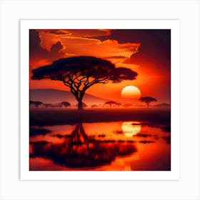 Stunning sunset with acacia tree silhouette Art Print