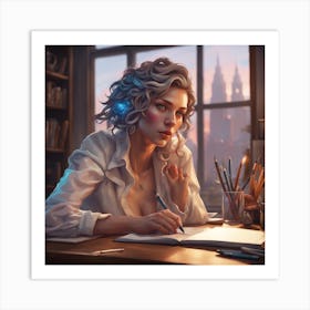 Girl Writing At Her Desk Art Print