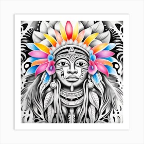Aztec Indian Headdress Monochromatic Watercolor Art Print
