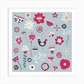 Scandinavian Folk Flowers And Birds Blue Art Print