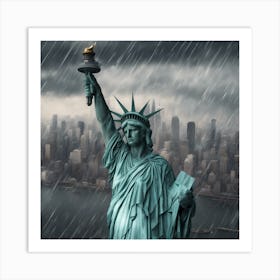 Statue Of Liberty Crying With Her Hands Covering Her Face, Raining Outside, City Background, Hyper R (1) Art Print