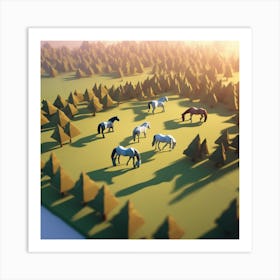 Low Poly Horses In The Forest Art Print