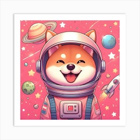 A Cute Happy Shiba Inu Astronaut On A Pink Background, Digital Art 2 Art Print