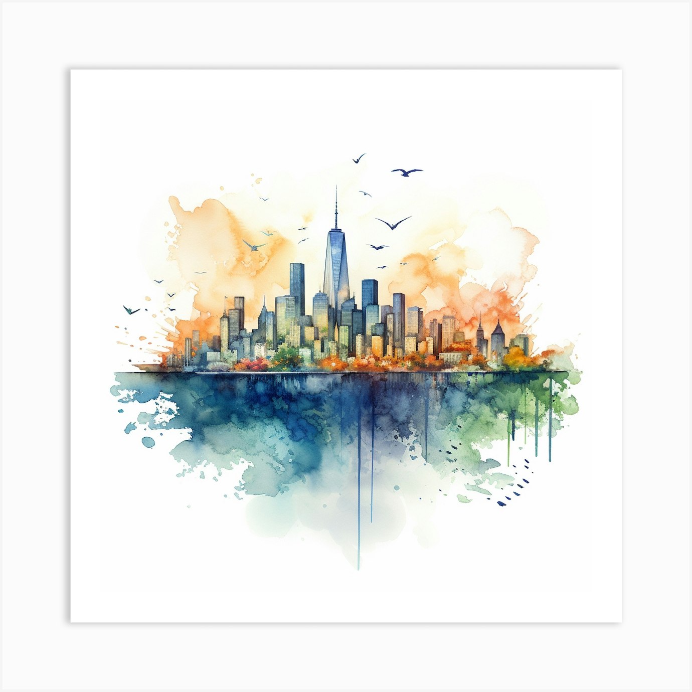 New York City Skyline | Colorful watercolor ink art print NYC Color Splash  | Poster