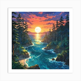 Serene Sunset Over Enchanted Coastline With Lush Forest and Calming Sea Art Print