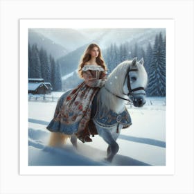 Snow Girl Riding A Horse Art Print