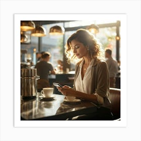 Modern Woman Engages With A Sleek Smartphone At A Bustling Coffee Shop Surrounded By The Hazy Glow 2 1 Art Print