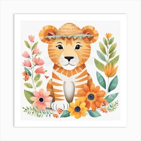 Floral Cute Baby Lion Nursery Illustration (18) Art Print