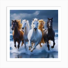 White, brown and Black Horses On The Beach Art Print
