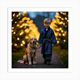 Boy And His Dog At Christmas Art Print