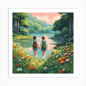 Couple Walking By A River Art Print