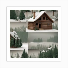 Small wooden hut inside a dense forest of pine trees with falling snow 6 Art Print