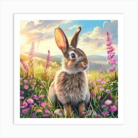 Rabbit Amongst Pink Flowers Art Print