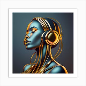 Golden Woman With Headphones 1 Art Print