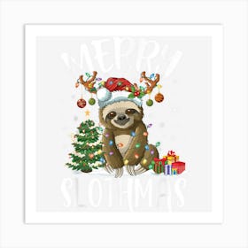 Merry Slothmas Funny Sloth Christmas Tree Lights Xmas Pajama 1 Art Print