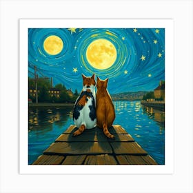 Two Cats Watching The Moon 1 Art Print