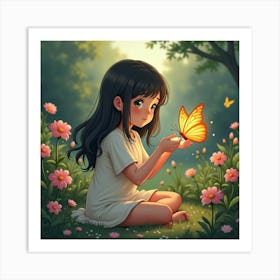 A Girl Sitting In A Garden, Holding A Glowing Butterfly, With Flowers Blooming Around Her Art Print