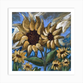 Sunflowers - square painting Anton Maliar floral blue yellow Art Print