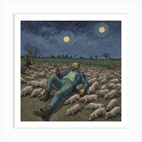 Pigs In The Moonlight Grounded in Mayhem: Whiskey, Cigars, and Pigs Art Print