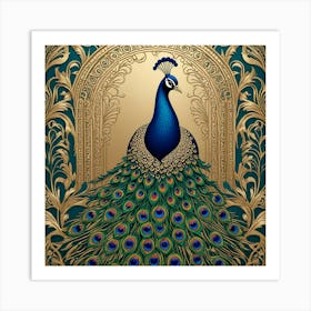 Peacock On Gold Background Art Print