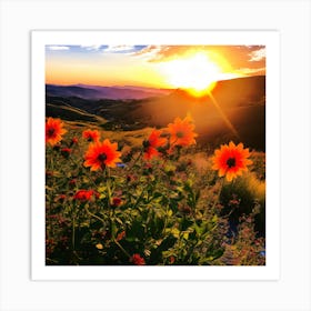 Sunset With Flowers, orange color sunset, attracting sun set , light rase of sun set , good looking sunset wall art. grate back ground Art Print