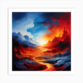 'The End Of The World, Fire In The Mountains, A Landscape Where Fire And Ice Coexist Representing The Balance Of Facing And Overcoming Art Print