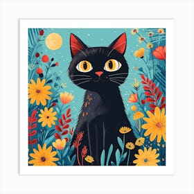 Black Cat In Flowers Art Print