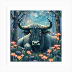 Bull With Mushrooms In The Forest Art Print