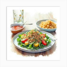 Watercolor Art Of A Fresh And Vibrant Quinoa Salad On A Stylish Restaurant Table Art Print