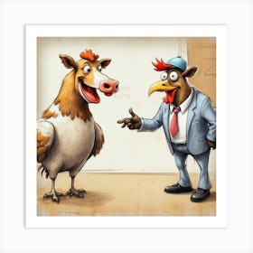 Cartoon Chicken And Businessman Art Print