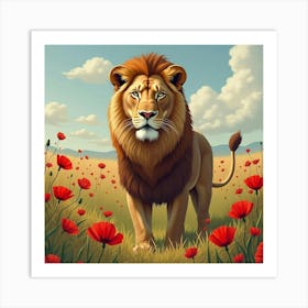 Lion Standing By Wild Poppies 1 Art Print