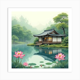 A Serene Japanese Tea House By A Lake, Surrounded By Blooming Lotus Flowers, Watercolor Painting Art Print