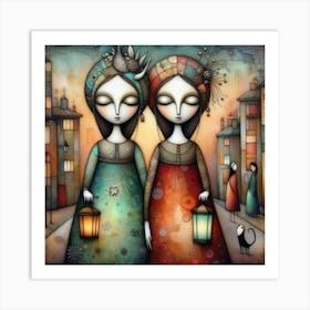 Two Girls With Lanterns 1 Art Print