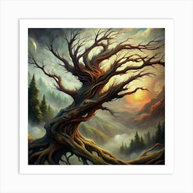 A Twisted, Bare Tree In A Misty Forest 1 Art Print