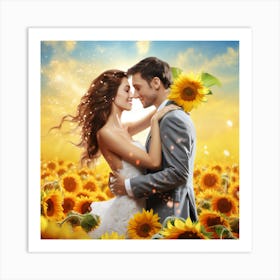 Couple In Sunflower Field. Art Print