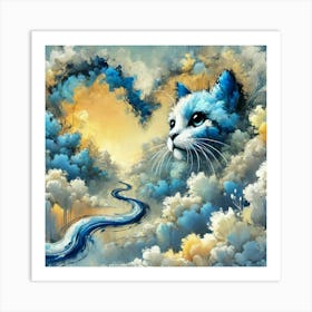 Blue Cat In The Clouds Art Print