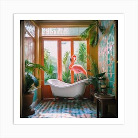 Flamingo In Bathroom Elegantly Standing 1 Art Print