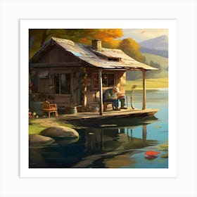 Old man fishing on the Lake Art Print