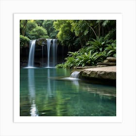 A Serene Waterfall Cascading Into A Crystal Clear Pool Surrounded By Lush Greenery Art Print