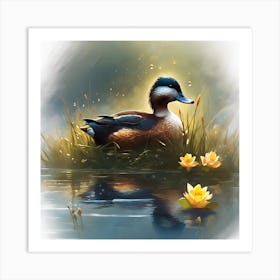 Ruddy Duck and Yellow Lillies Art Print