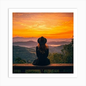 Woman In Black Hat Sitting Alone On A Wooden Balcony Overlooking A Hill Dotted Landscape Trees Al (6) Art Print