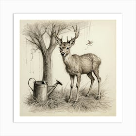 Deer And Watering Can Art Print