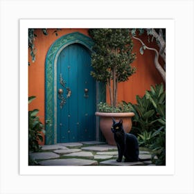 Black Cat In Front Of Blue Door Art Print