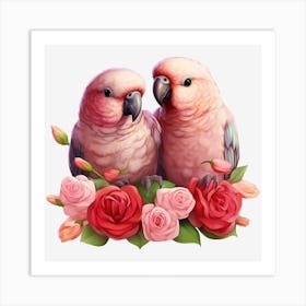 Couple Of Parrots With Roses Art Print