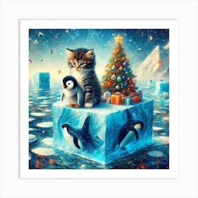 Baby cat with a baby penguin (Christmas) Art Print