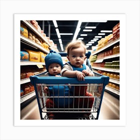 Two Babies In A Shopping Cart Art Print