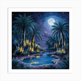 A night in the desert in the middle of a moonlit oasis 8 Art Print