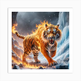 Flaming tiger running through ice caps  Art Print