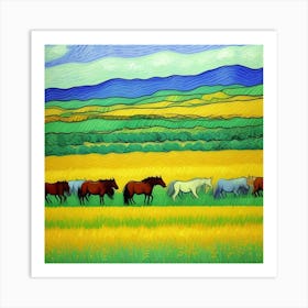 Horses In The Meadow Golden Field Art Print